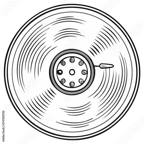 Black and white line art illustration of classic vinyl record music player disc with stylus arm