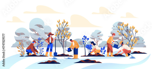 People planting trees environmental conservation teamwork diverse group gardening watering saplings nature outdoor landscape sustainable community project