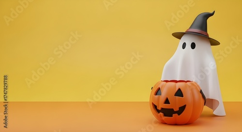 3D Render of Cute Ghost Wearing a Witch Hat behind a Jack-o'-lantern on Orange Background