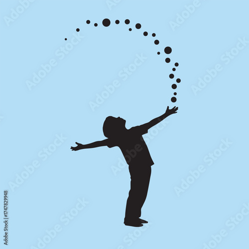 Silhouette of a person with arms outstretched releasing a stream of dark bubbles into the air against a light blue background