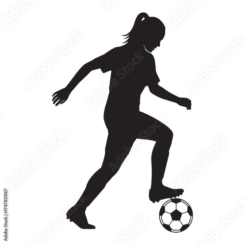 Silhouette of a female soccer player dribbling a ball with determination on a white background