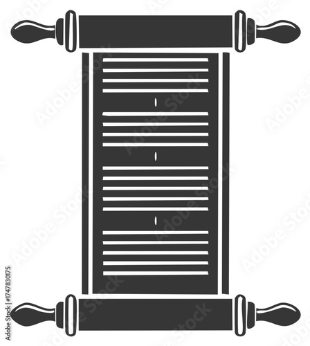 Ancient scroll with wooden rollers and horizontal lines of text