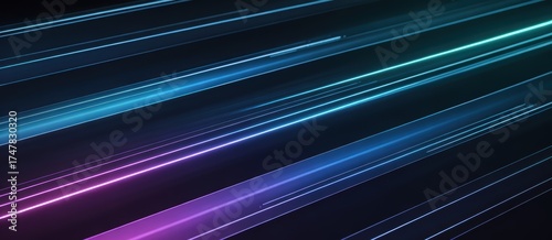Futuristic abstract background with diagonal neon light trails and vibrant blue purple gradient glow.