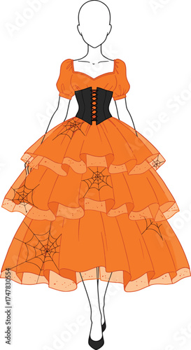 Pumpkin orange Halloween tulle dress with spiderweb embroidery for women isolated