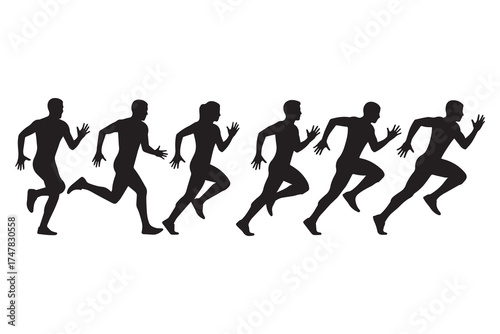 Silhouettes of six male runners in full stride on a white background representing competition and speed