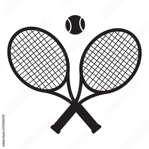 Two crossed tennis rackets with a tennis ball above on a white background