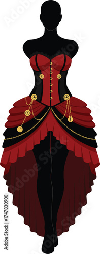 Steampunk Halloween corset dress with clockwork detail for women isolated
