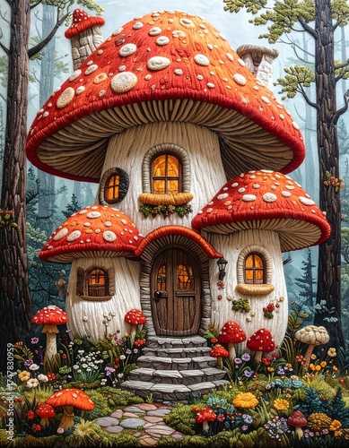 Whimsical, fairytale mushroom house nestled in an enchanting forest