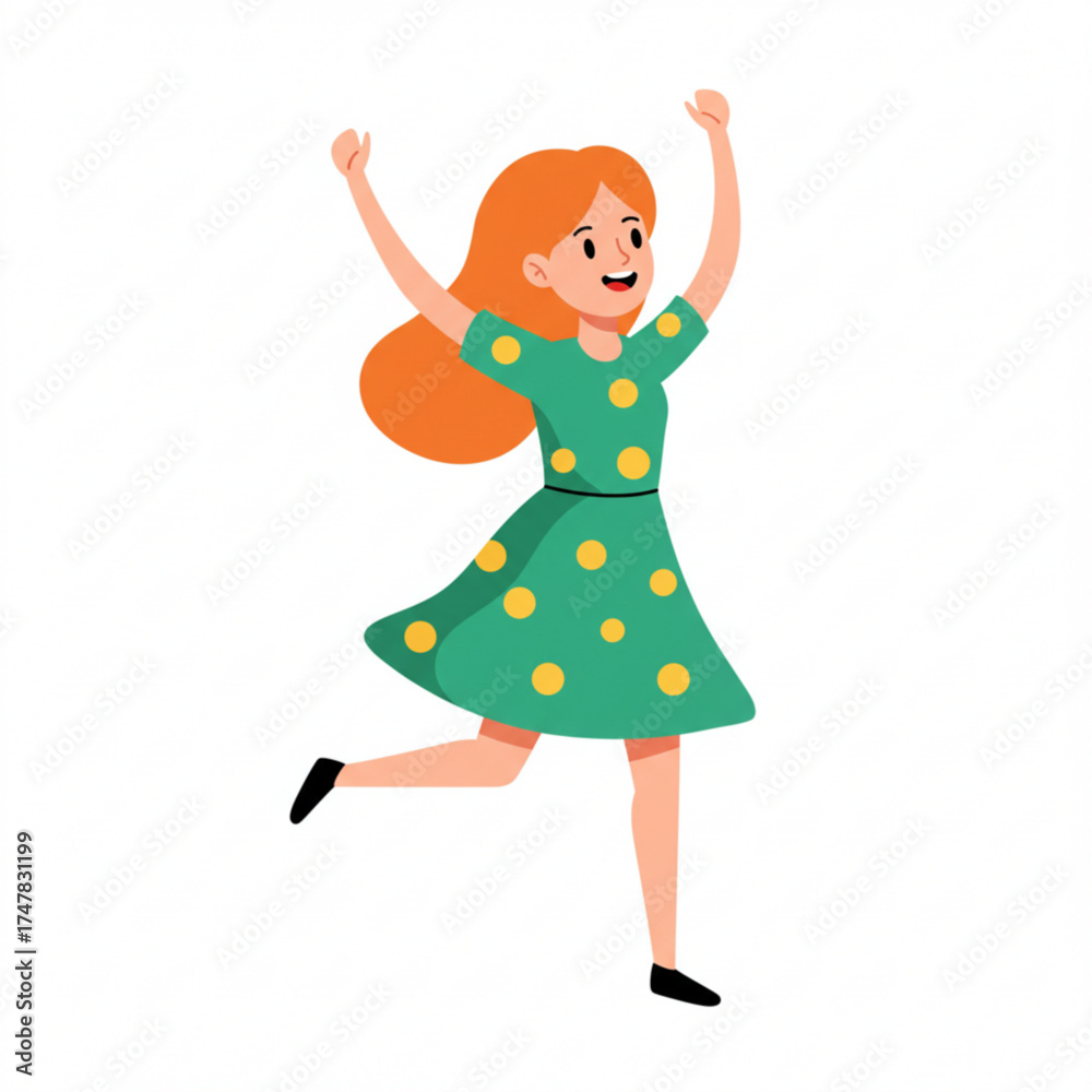 Naklejka premium Vector art of happy young woman with orange hair in a green polka dot dress
