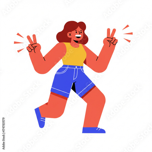Vector art of happy woman with red hair doing a peace sign gesture