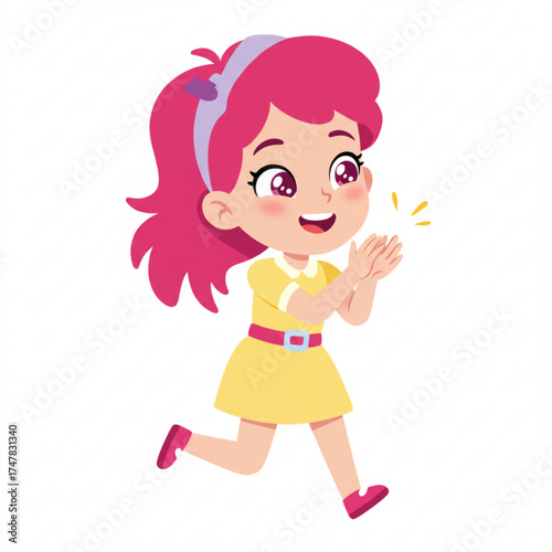 Vector art of happy cartoon girl with pink hair running and clapping