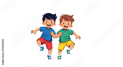 Joyful children playing together, holding hands and jumping with happiness, illustrating friendship and childhood fun