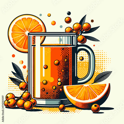 Glass mug with sea buckthorn and orange tea in retro pop art vector style
