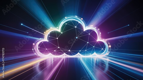 Glowing cloud computing icon connected by a digital network mesh radiating vibrant futuristic light beams