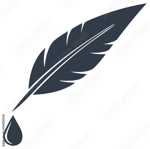 Illustration of a pen feather and ink drop symbol, creative writing concept.