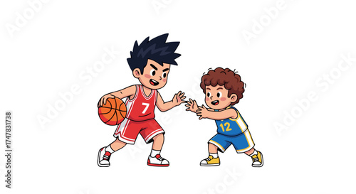Two cartoon boys playing basketball, one dribbling the ball and the other defending, on a white background