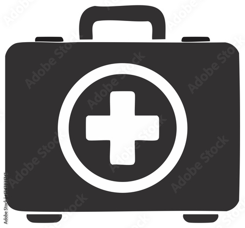 Medical Kit with White Cross Symbol on a Black Case, Health and Emergency Equipment Graphic Illustration