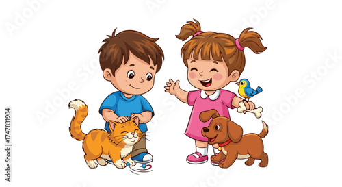Happy Children with Their Beloved Pets - A Boy and a Girl Sharing a Joyful Moment with a Cat, Dog, and Bird, Illustrating Friendship and Companionship