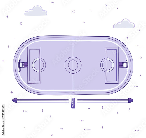 Hand drawn illustration of a purple ice hockey rink with nets and clouds in the background