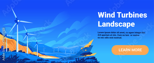 Wind turbines landscape renewable energy blue hills scenic countryside with mountains and sky modern website banner