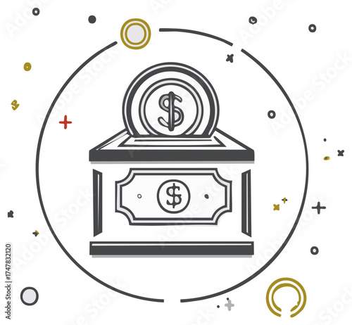 Donation box illustration with coin entering, financial concept