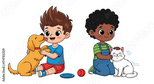 Two happy children, one boy with a dog and another boy petting a cat, illustrating friendship and companionship with pets