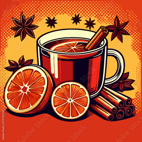 Winter tea with orange, cloves, and cinnamon in bright pop art vector illustration