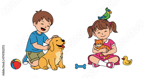 Children bonding with their beloved pets a happy boy petting a dog and a girl cuddling a cat with a parrot on her head