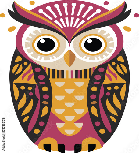 Colorful owl vector, symmetrical bird design, expressive eyes, maroon gold black palette, decorative feathers, artistic wildlife illustration, tribal nature graphic