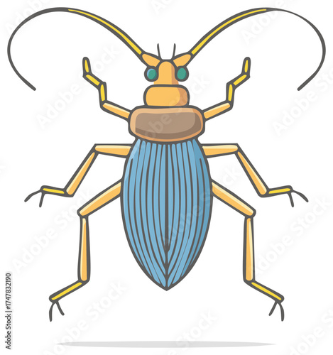 Colorful cartoon beetle illustration with a blue shell and long antennae