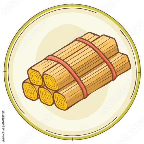 Bundle of straw reeds tied with a red elastic band, drawing illustration in a circle