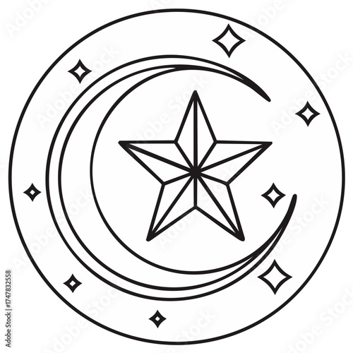 Line art of celestial moon, star and geometric shapes inside circle frame