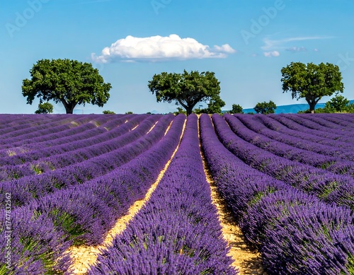 Wide shot of a lavender field with trees under a blue sky