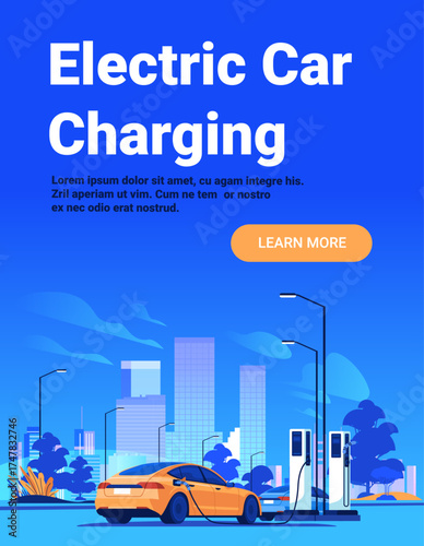 Electric car charging station cityscape urban vehicle plugged in power cable modern eco technology blue background website banner