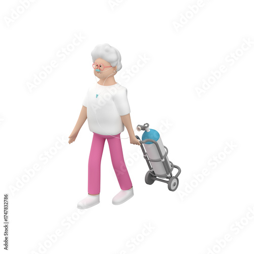 Senior female character walking with oxygen tank. Elderly female pulling portable oxygen unit, 3d render