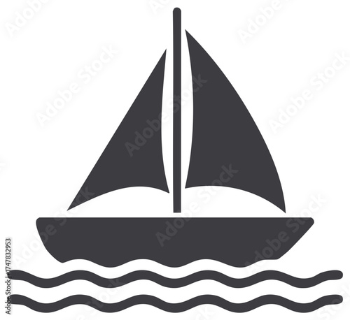 Simple sailboat icon on sea waves. Nautical boat symbol for travel, marine, and leisure concepts.