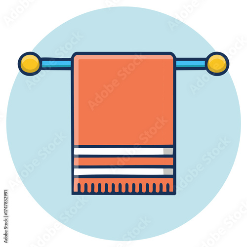 Vibrant flat design illustration of an orange striped bath towel on a blue hanging rack
