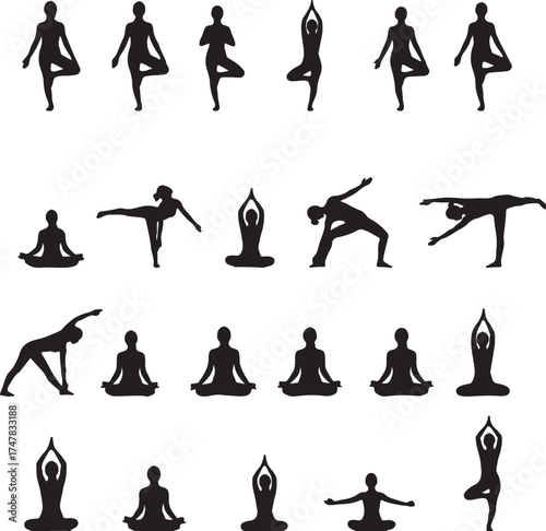 Yoga Poses Silhouette Vector Collection | Meditation and Fitness Clipart Set.