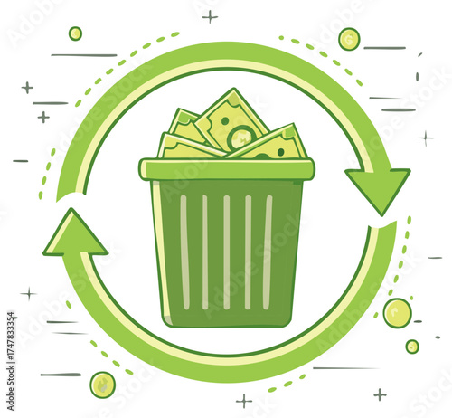 Banknotes inside a green trash can with circular arrow financial waste illustration