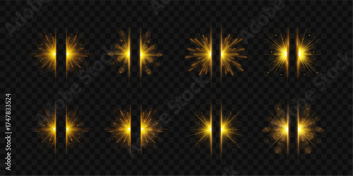 Set of dynamic bright flashes with glowing bursts. Sparkling luminous highlights create energetic and visually striking effects. Radiant flashes add elegance, magic, and excitement.