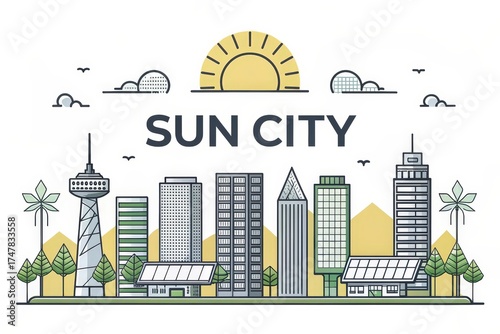 Minimalist vector illustration of Sun City skyline with solar power