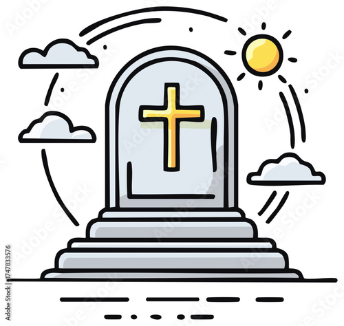 Cartoon illustration of a tombstone with a golden cross, clouds and sun.