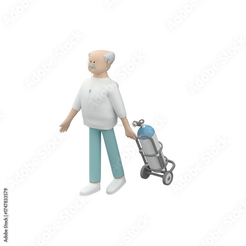 Senior male character walking with oxygen tank. Elderly male pulling portable oxygen unit, 3d render