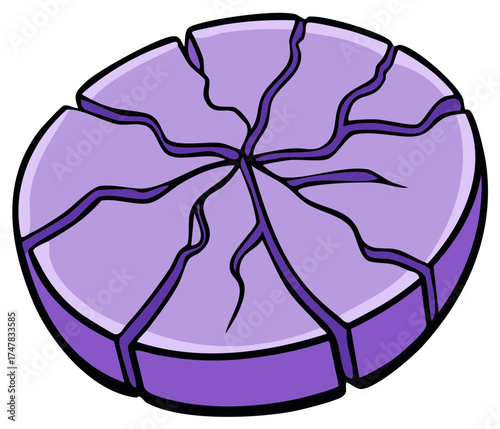 Vibrant purple fractured circular shape with broken pieces vector graphic illustration