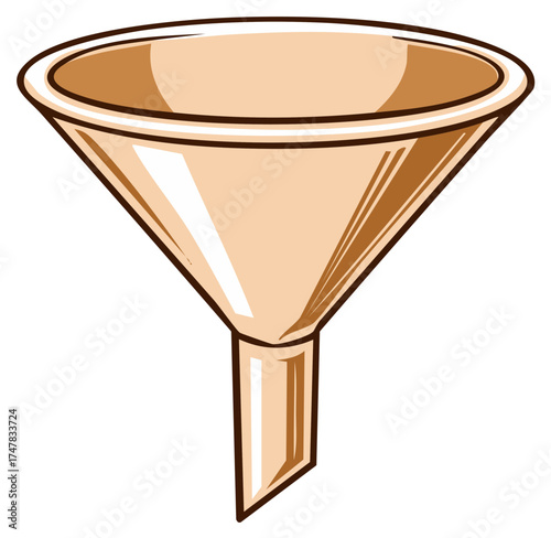 Clear brown beige funnel illustration for liquid transfer in kitchen or laboratory settings