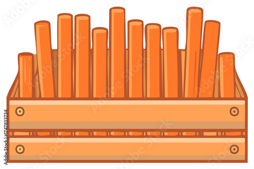 Wooden crate overflowing with freshly cut vibrant orange carrots in a rustic illustration style