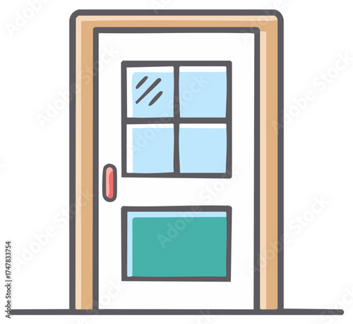 Closed panel door with window stylized drawing clean architectural illustration