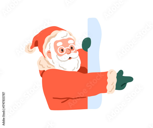 Santa Claus pointing aside, peeking out from behind wall. Happy winter holiday character smiling, showing with hand to side, advertising gesture. Flat vector illustration isolated on white background