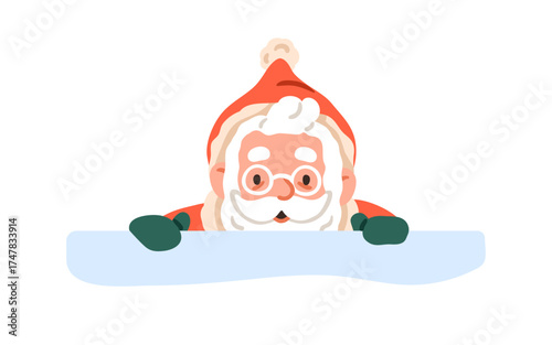 Santa Claus peeking. Surprised happy Christmas character in festive hat, peeping from behind snow wall, looking for winter holiday, New Year. Flat vector illustration isolated on white background
