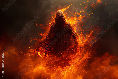 A terrifying ghost engulfed in flames against a dark smoky background, evoking a creepy Halloween horror mood. AI-generated